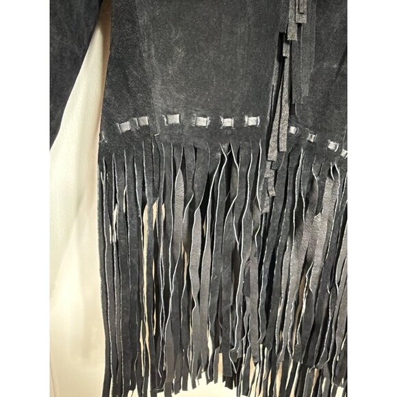 Vintage Womens Genuine Leather Black Fringe Jacket With Turquoise Bead Accents S - Picture 9 of 16
